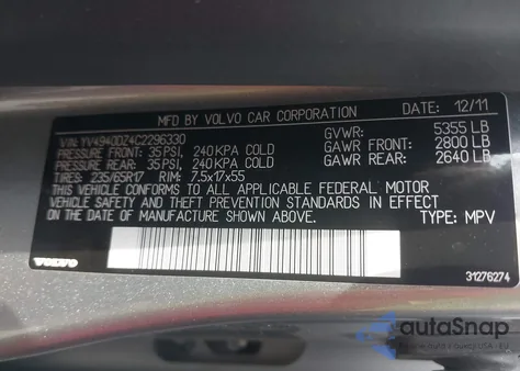 2012 Volvo Xc60 3.2 Platinum z USA, uszkodzony, nr VIN YV4940DZ4C2296330